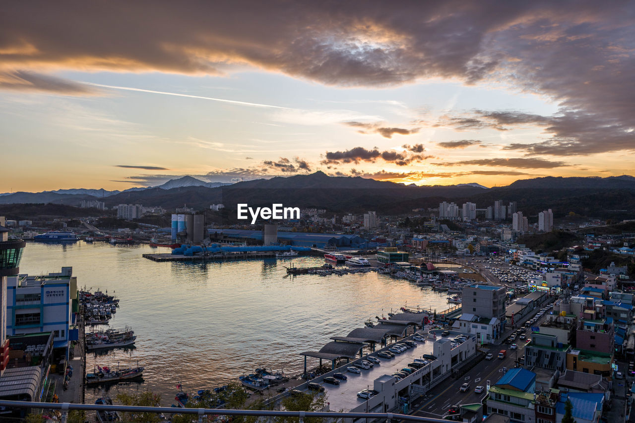 High angle view of marina at sunset