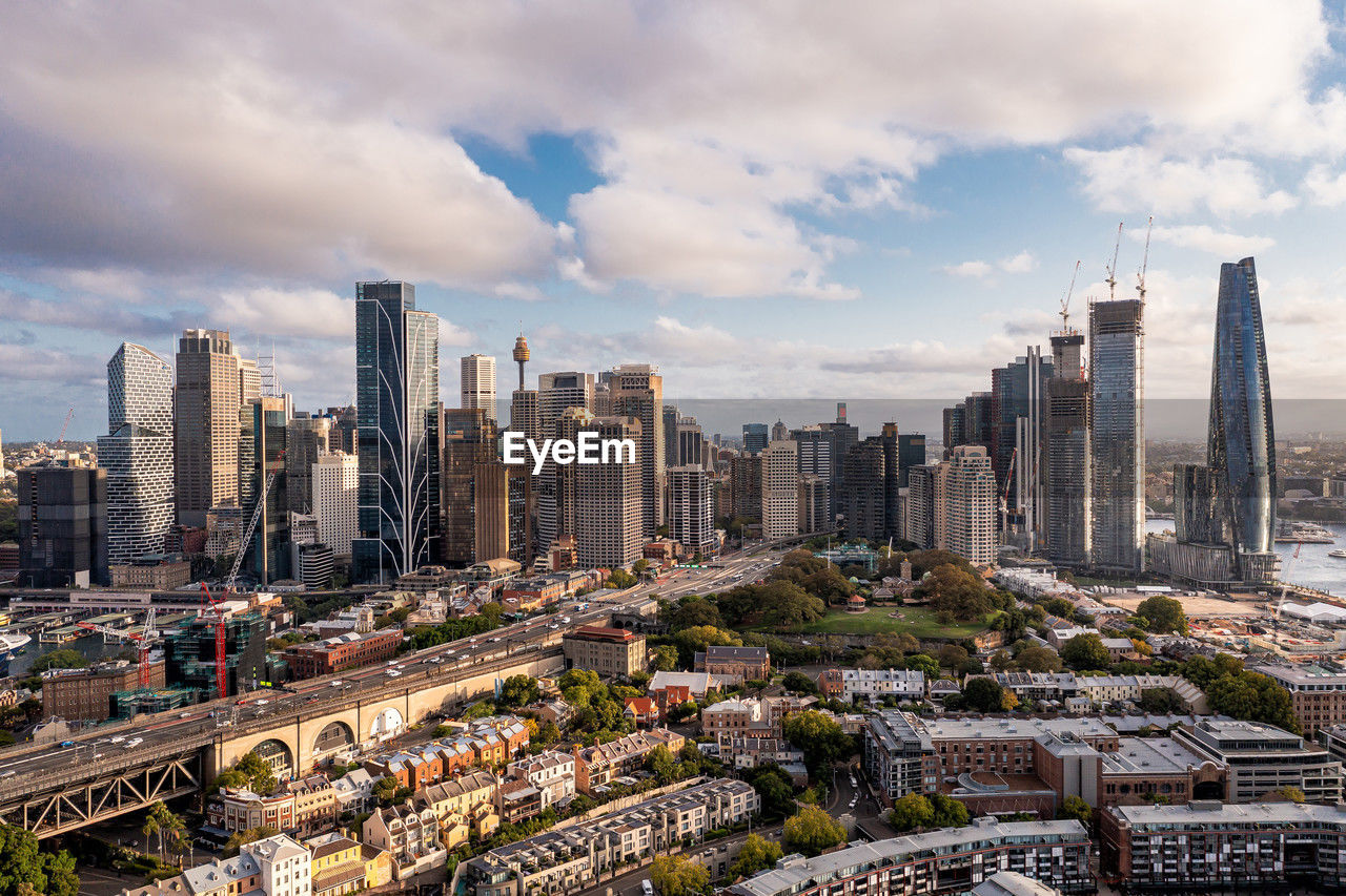 Panoramic view of sydney. drone photo of modern city buildings, skyscrapers, streets. australia.
