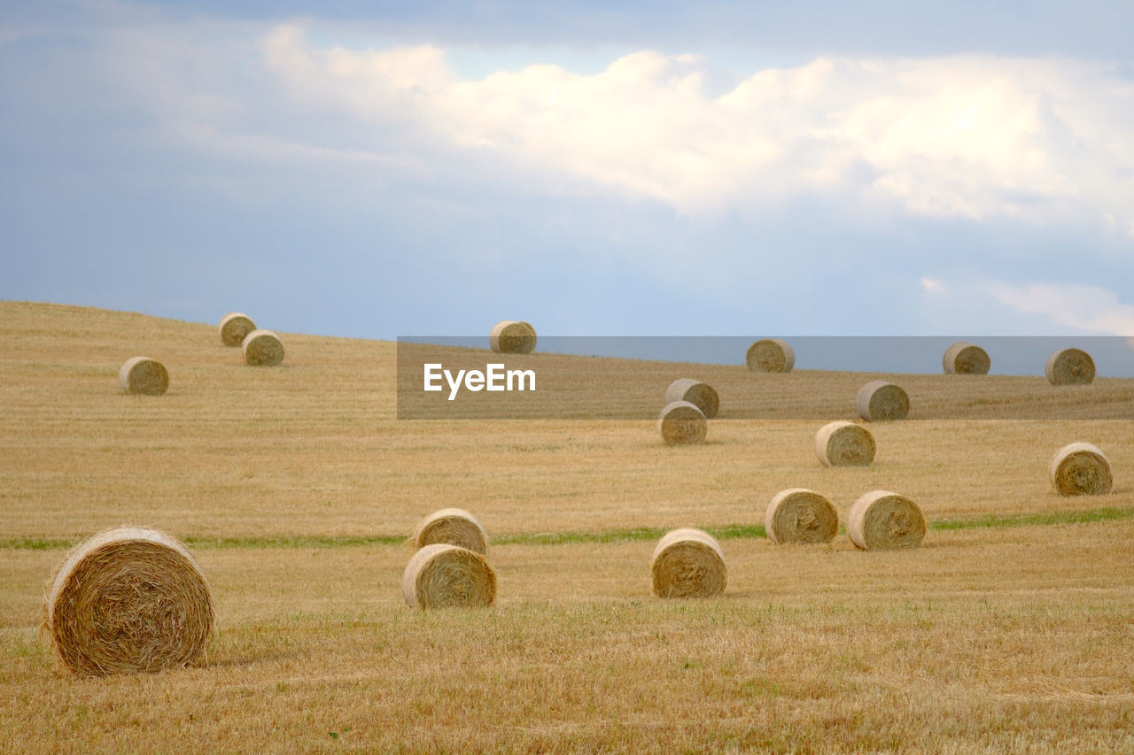 Hay bales on field against sky