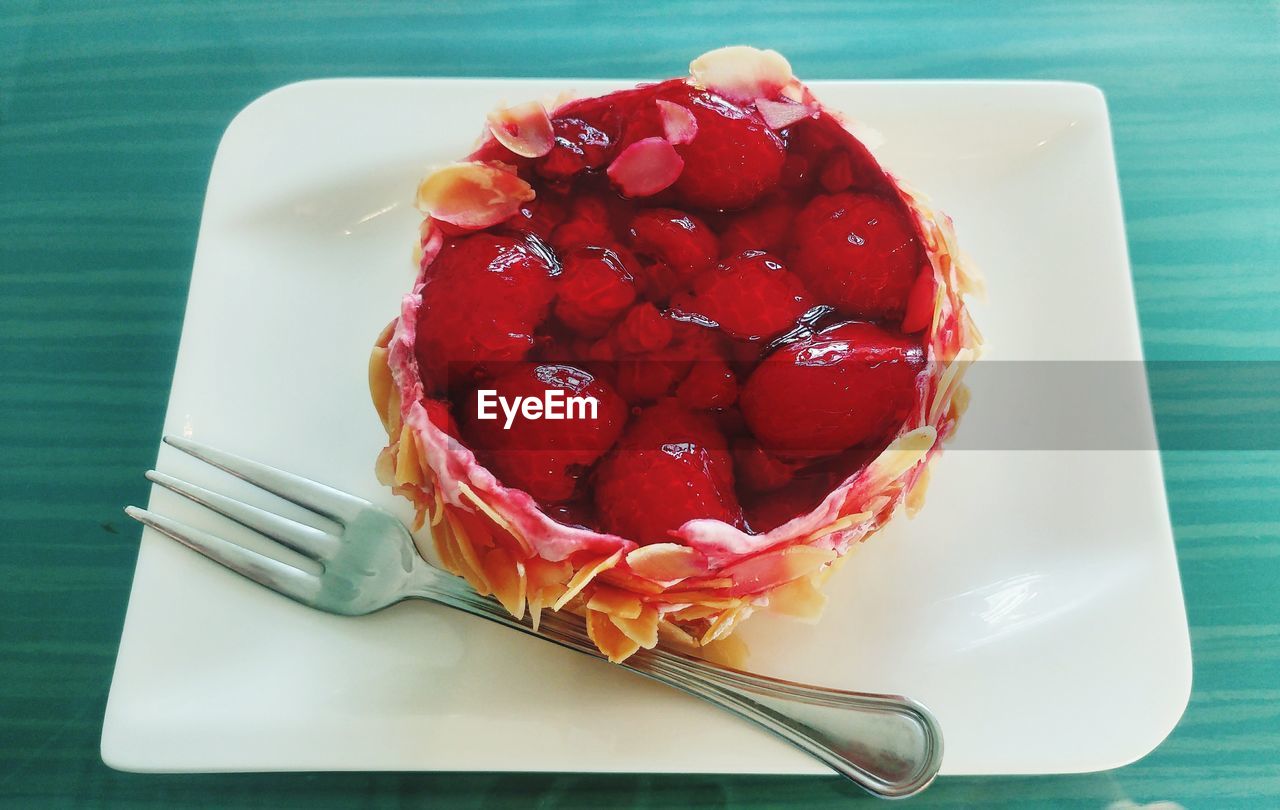 HIGH ANGLE VIEW OF DESSERT IN PLATE