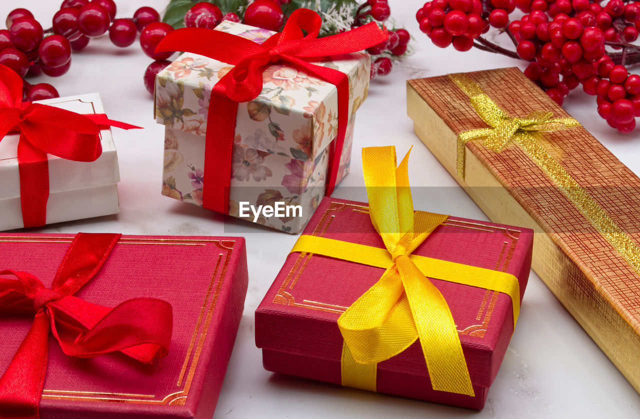Close-up of christmas presents on table