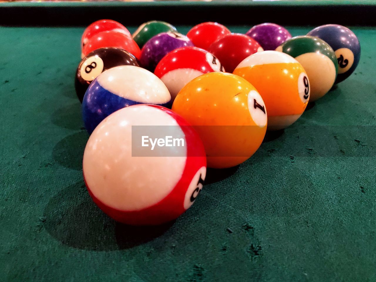 High angle view of multi colored balls on table