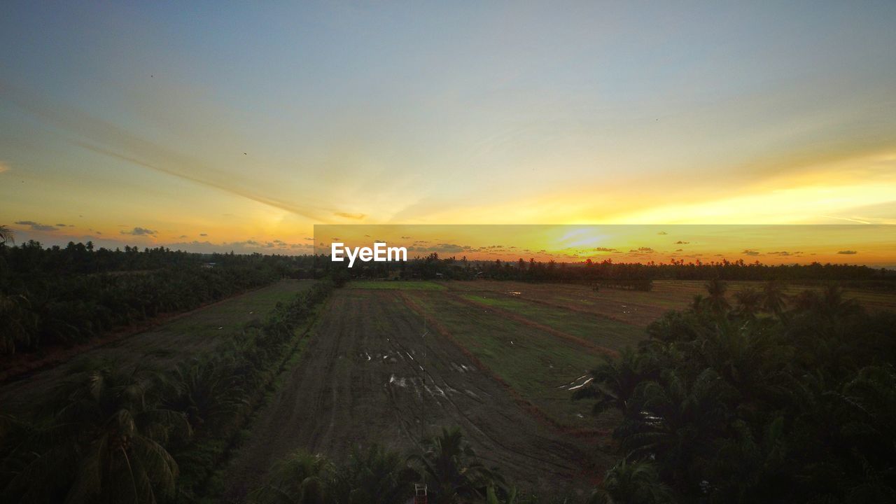 SCENIC VIEW OF FIELD AGAINST SKY AT SUNSET