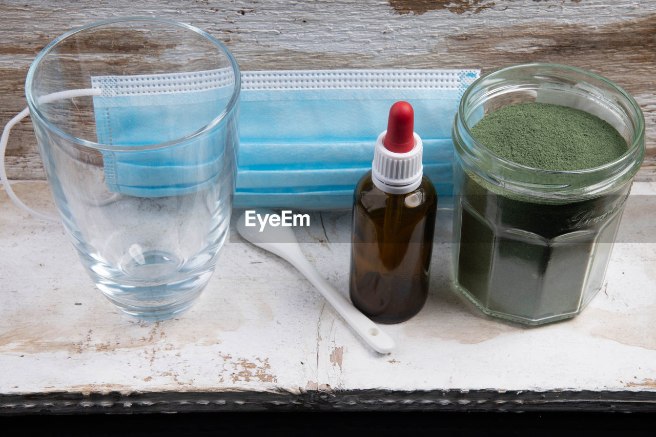 High angle view of drink in glass on table