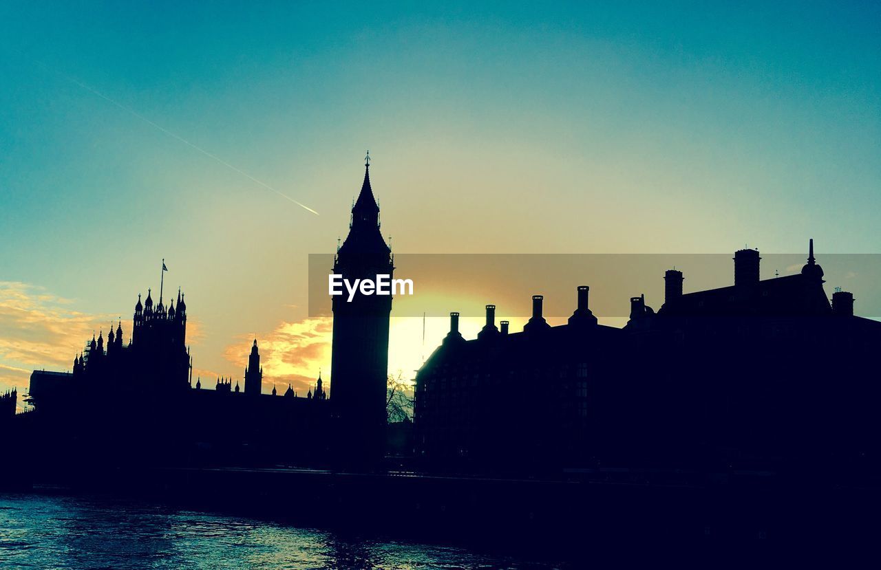 Silhouette of buildings at sunset