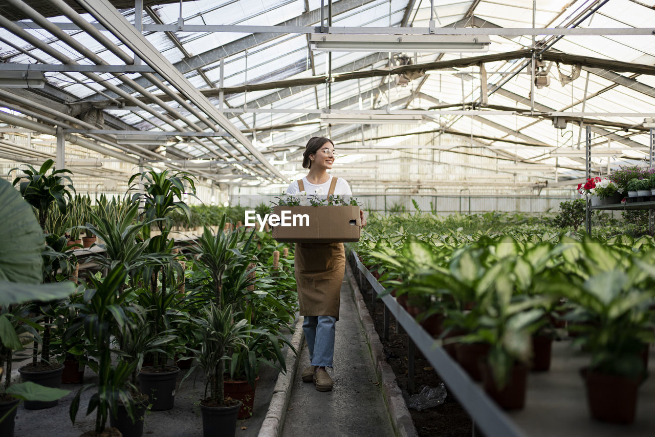 Happy gardener with box walking in greenhouse