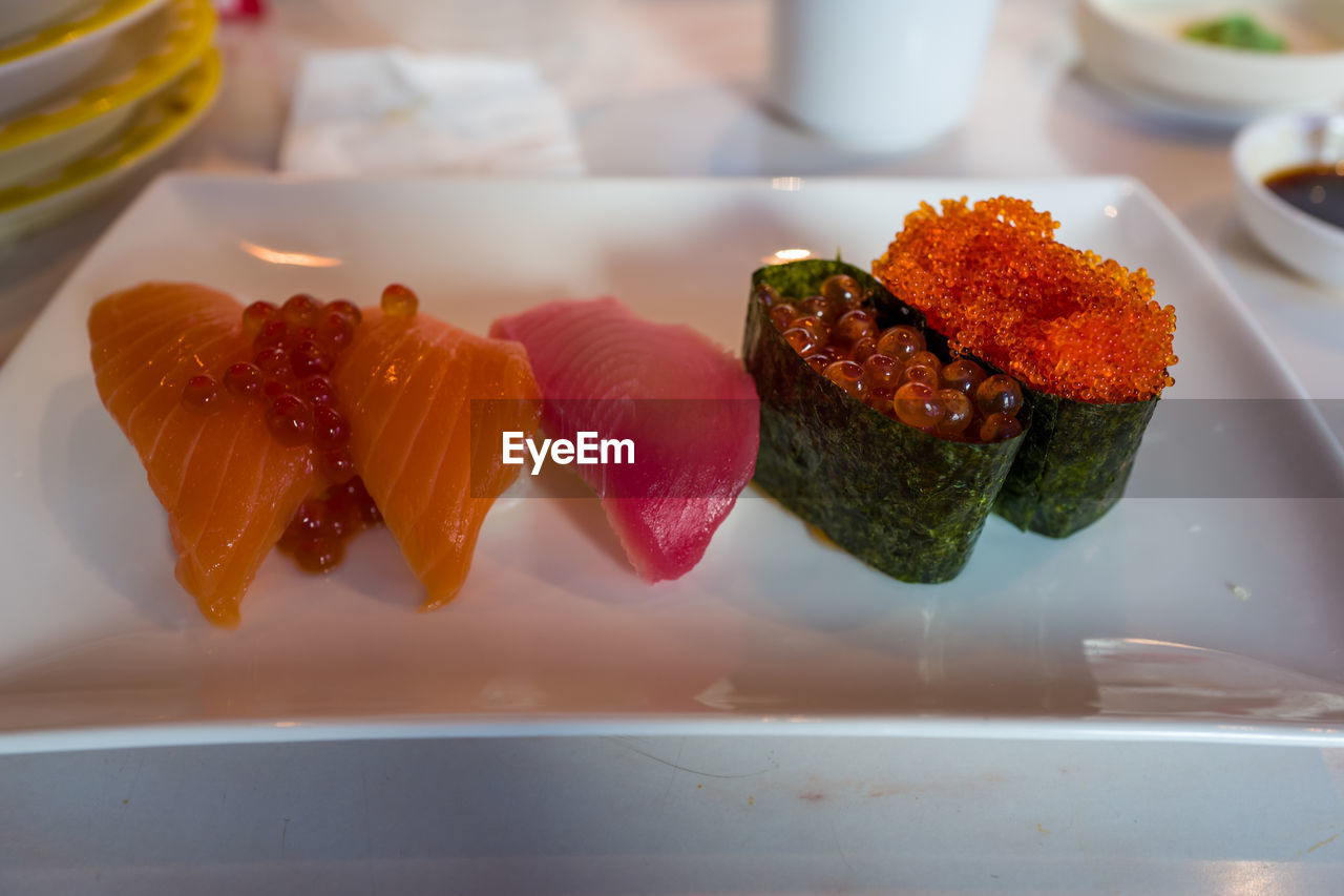 Close-up of sushi served in plate