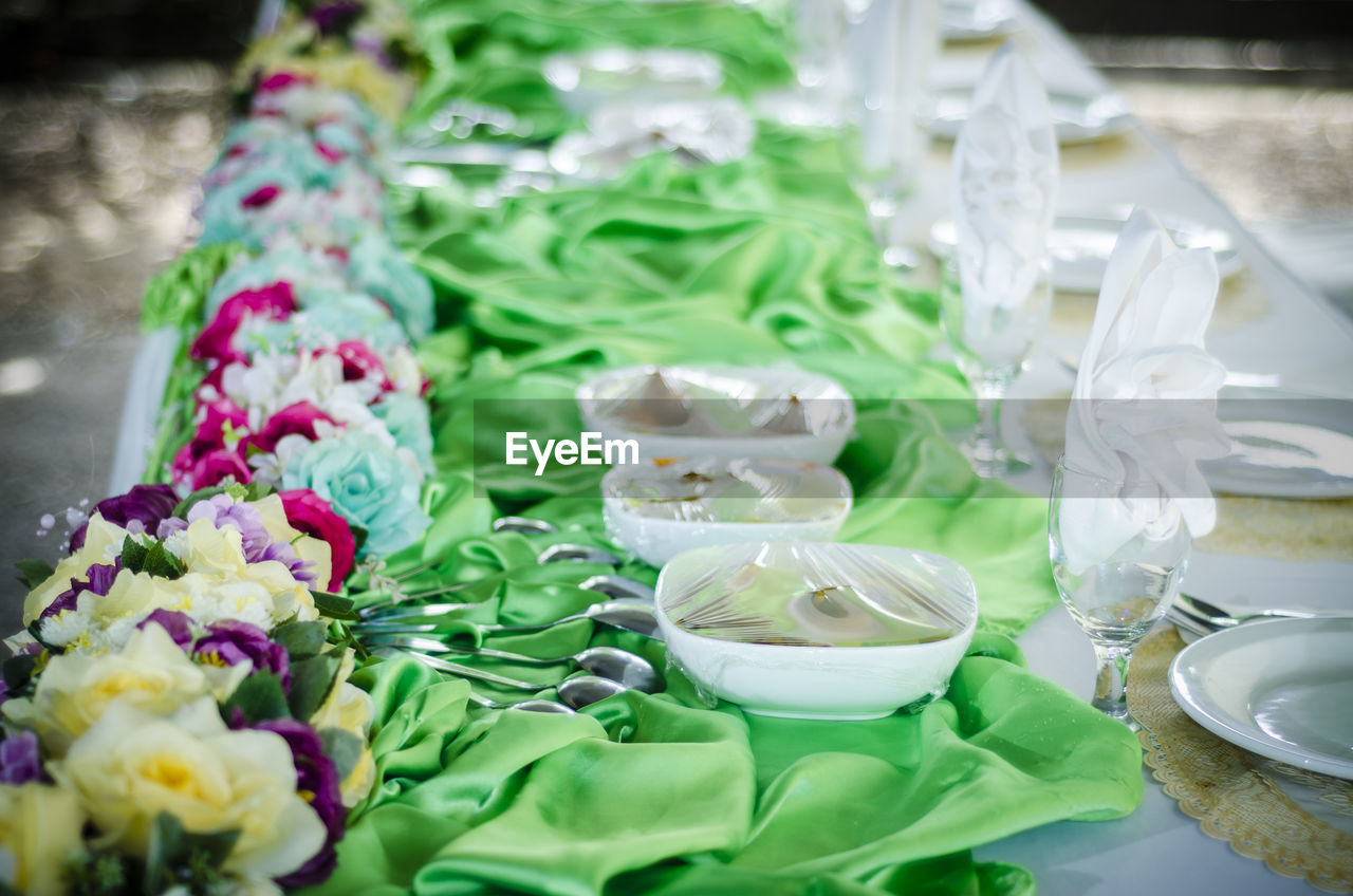 High angle view of food arranged on table