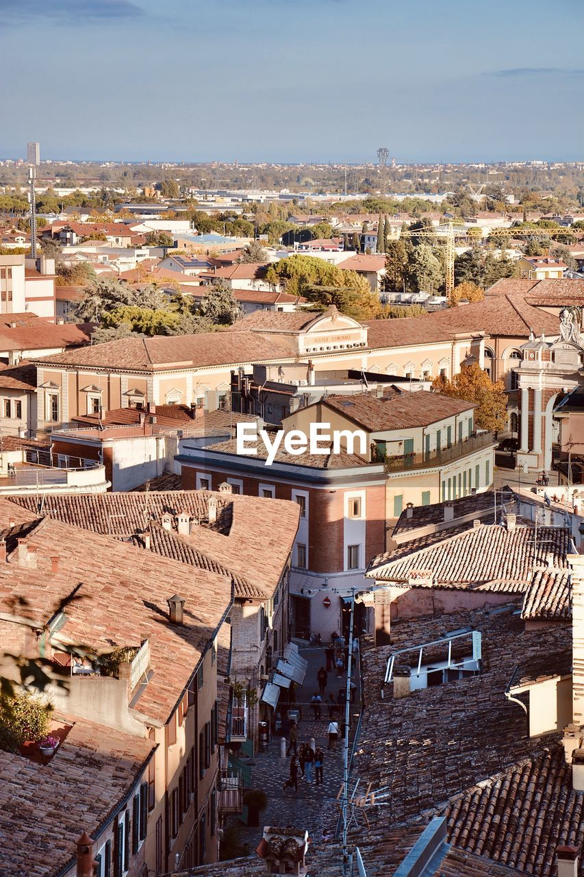 High angle view of townscape against sky