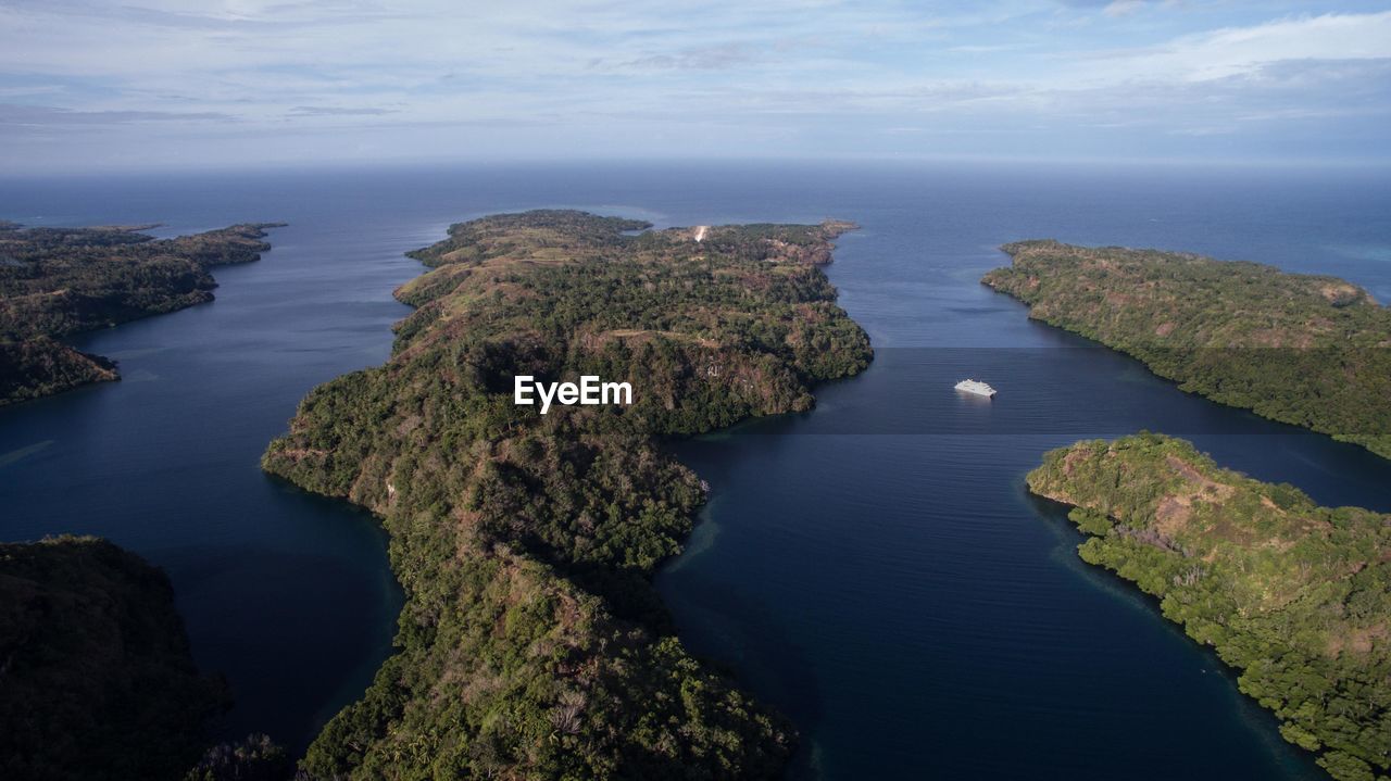 High angle view of tufi fjord by sea against sky