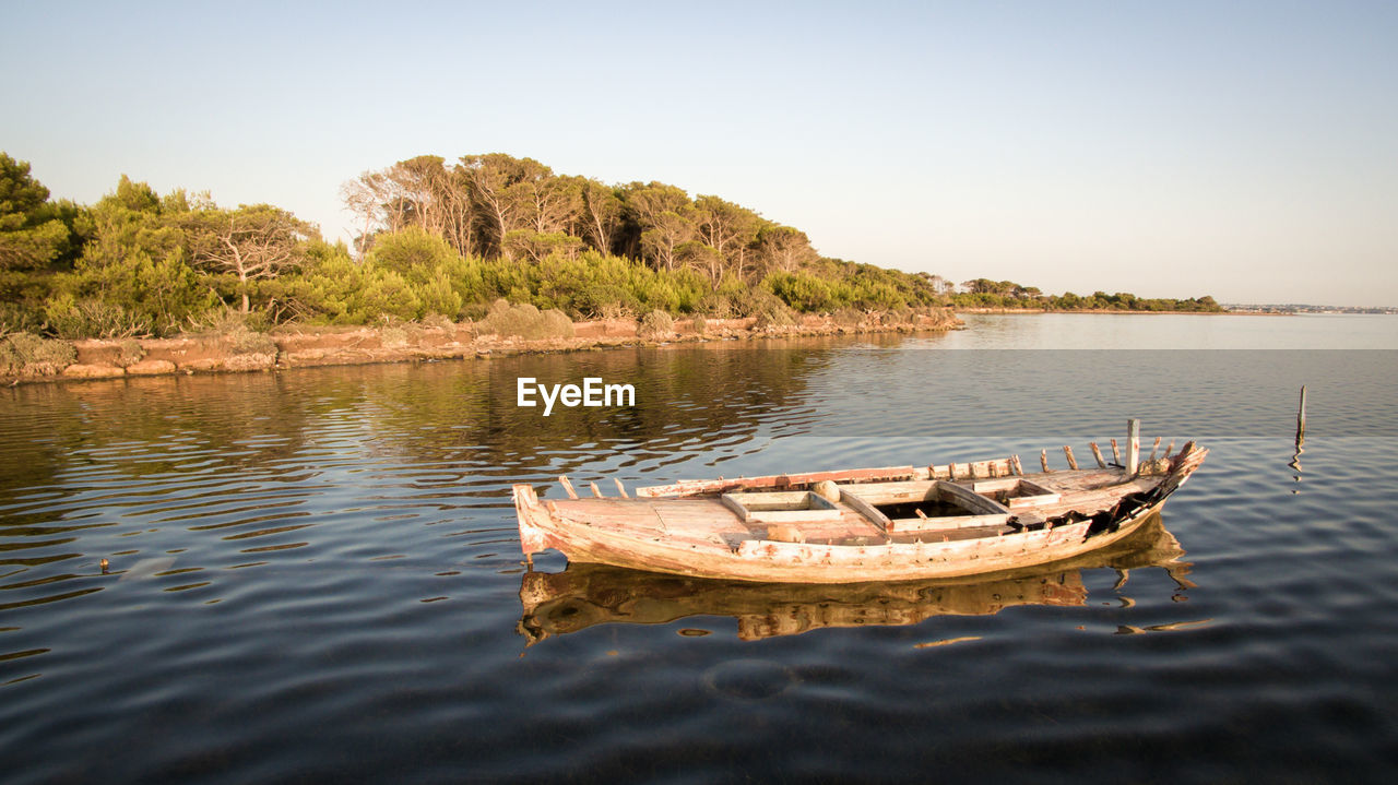 Boat in lake against clear sky