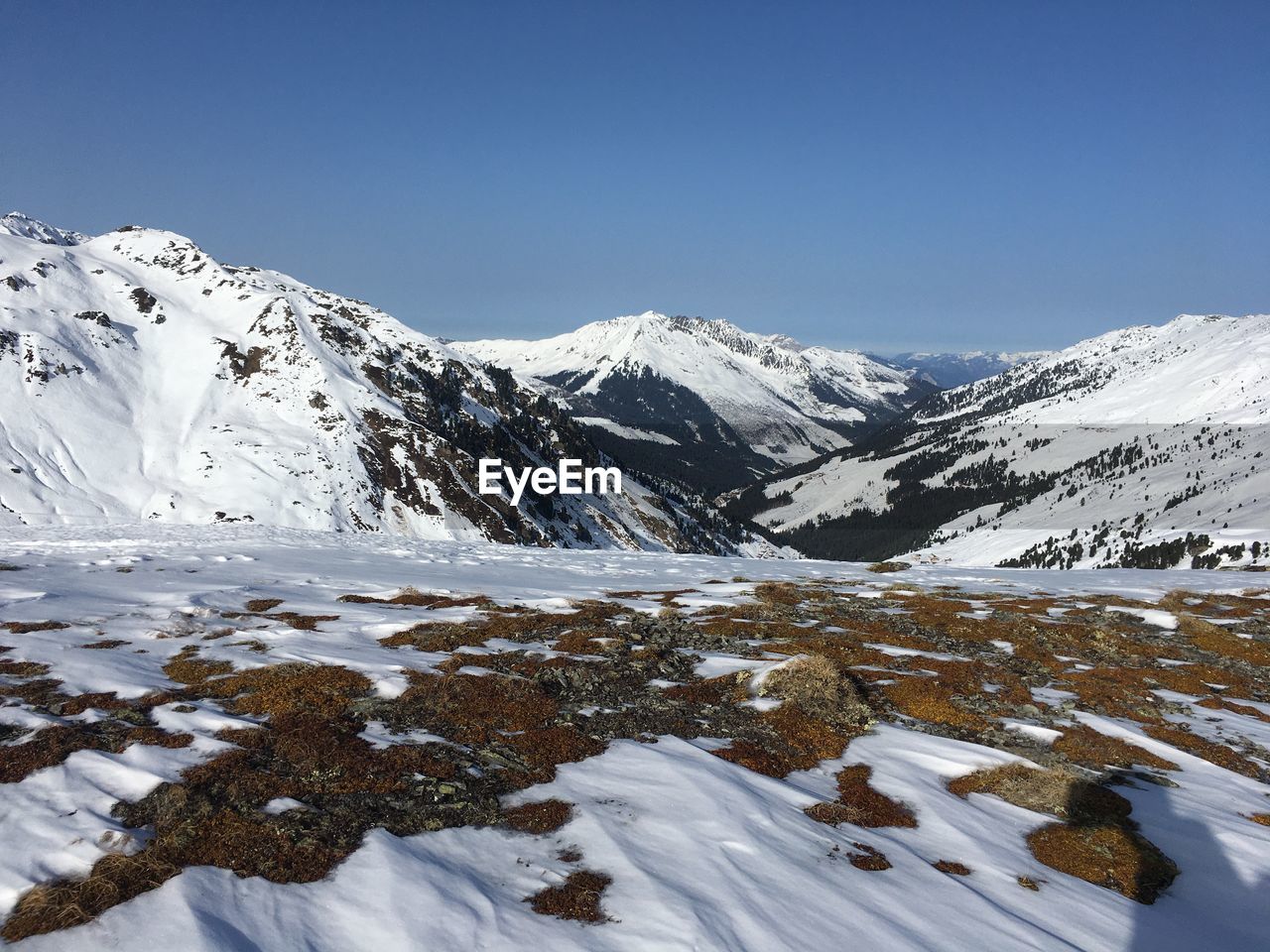 Scenic view of snowcapped mountains against clear sky