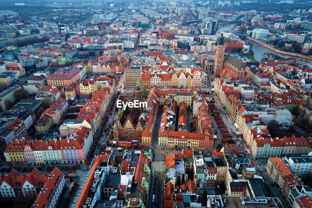Aerial view of wroclaw rynek market square during christmas holidays