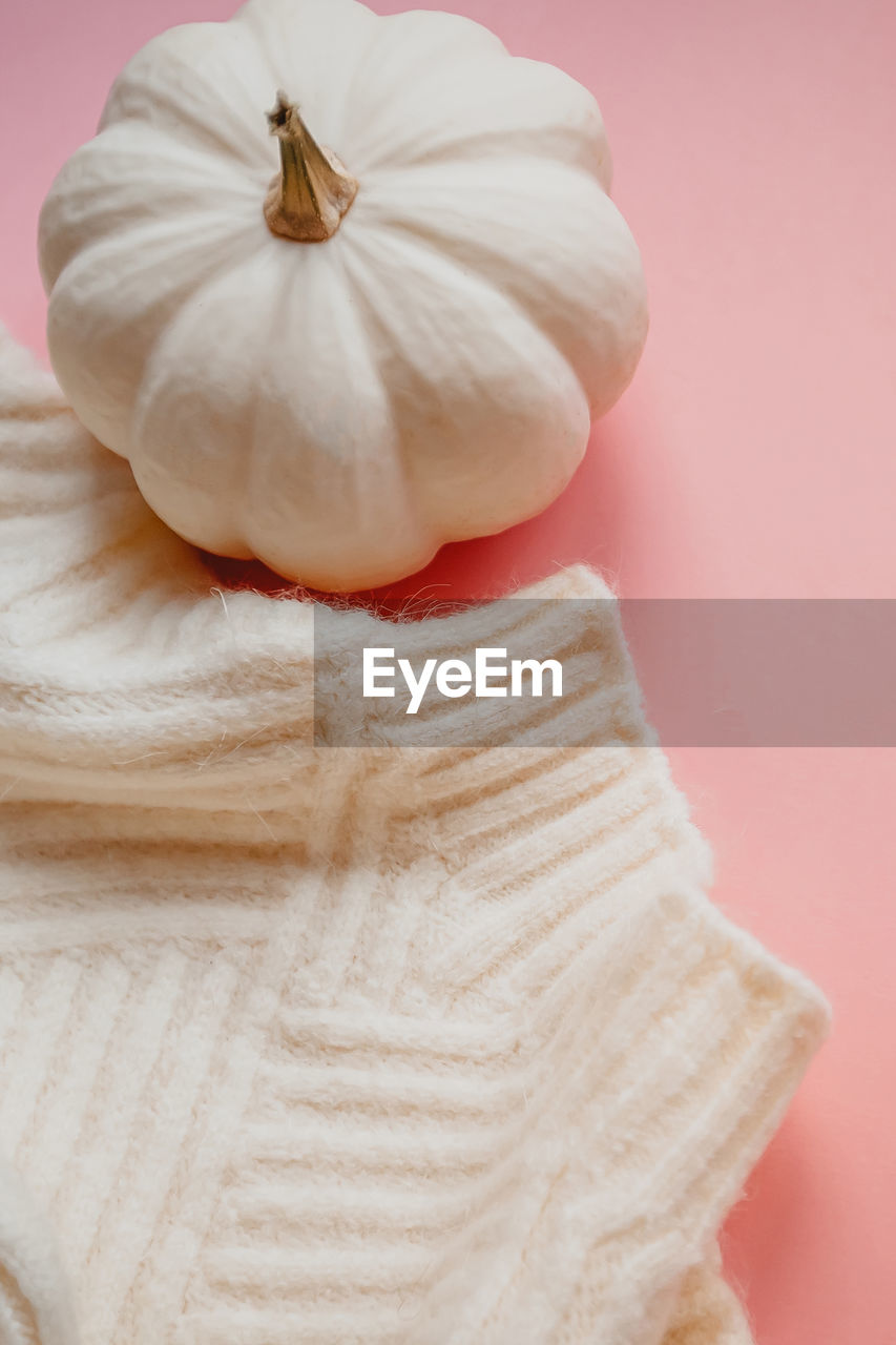 HIGH ANGLE VIEW OF PUMPKIN AGAINST GRAY BACKGROUND