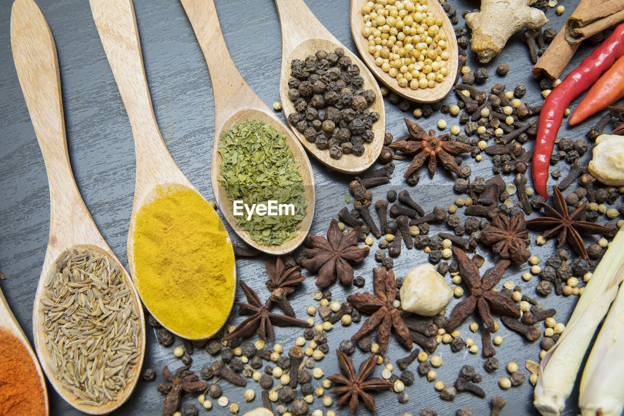 High angle view of spices in wooden spoon and table