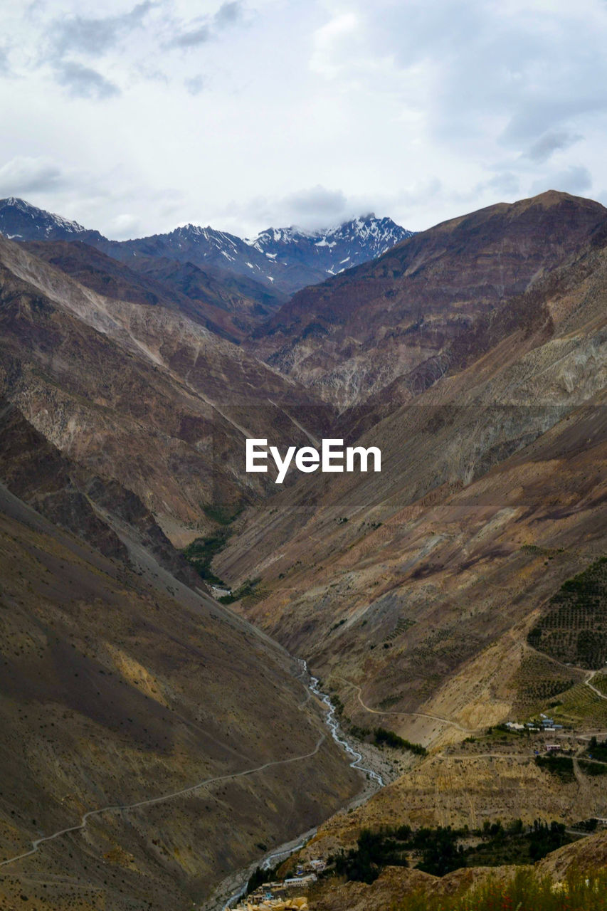 Scenic view of arid spiti landscape against the blue sky