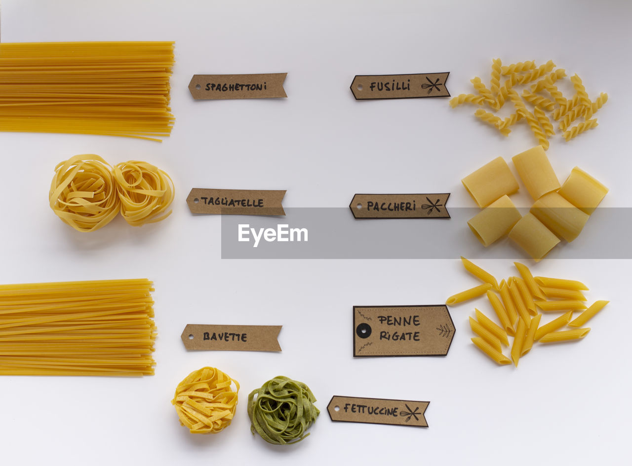 Types of pasta on a white background