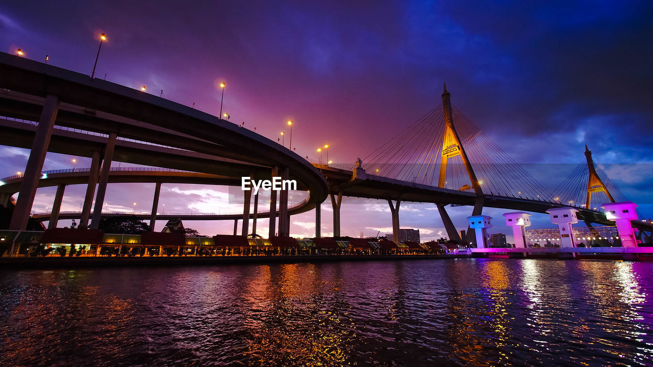 View of bridge over river at night