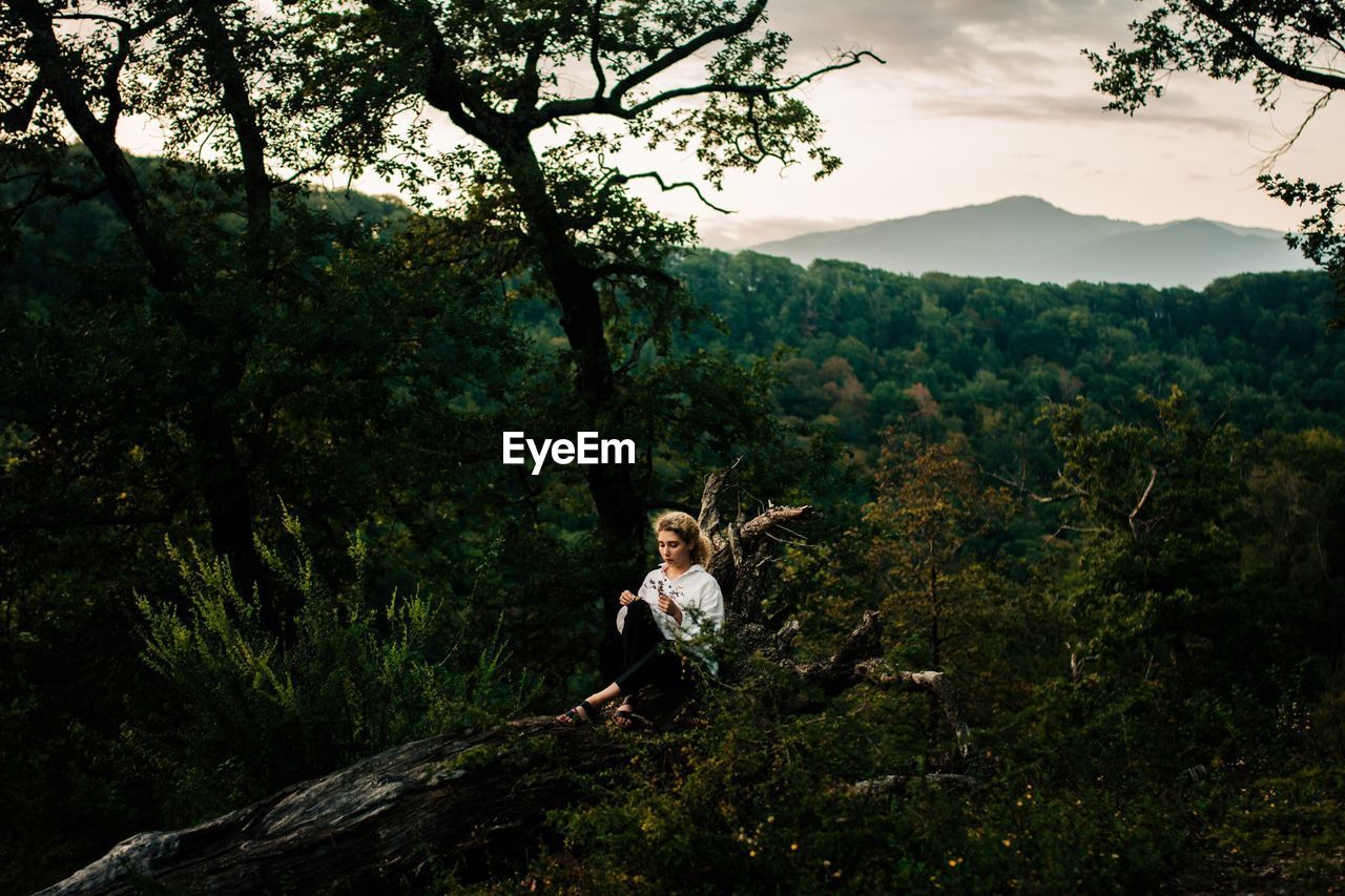 WOMAN STANDING BY PLANTS IN FOREST AGAINST SKY