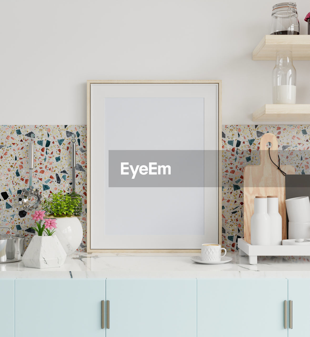 Frame mockup in kitchen interior on marble table in kitchen room.3d rendering
