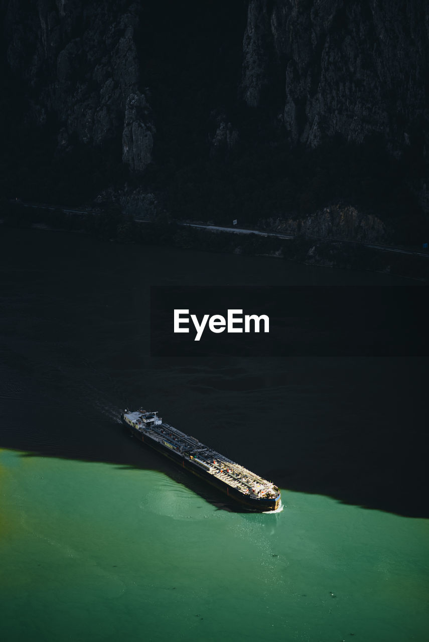 High angle view of ship on sea shore