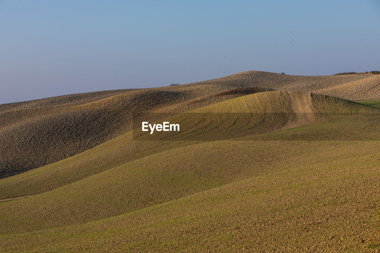 Scenic view of land against clear sky