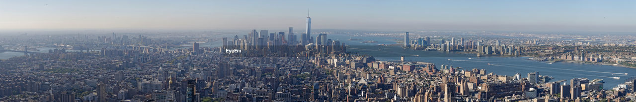 High angle view of modern buildings in city