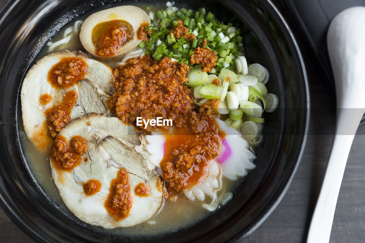 Directly above shot of ramen noodles served in bowl