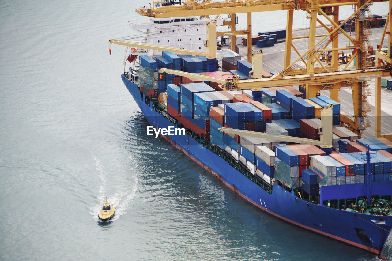 High angle view of container ship in sea