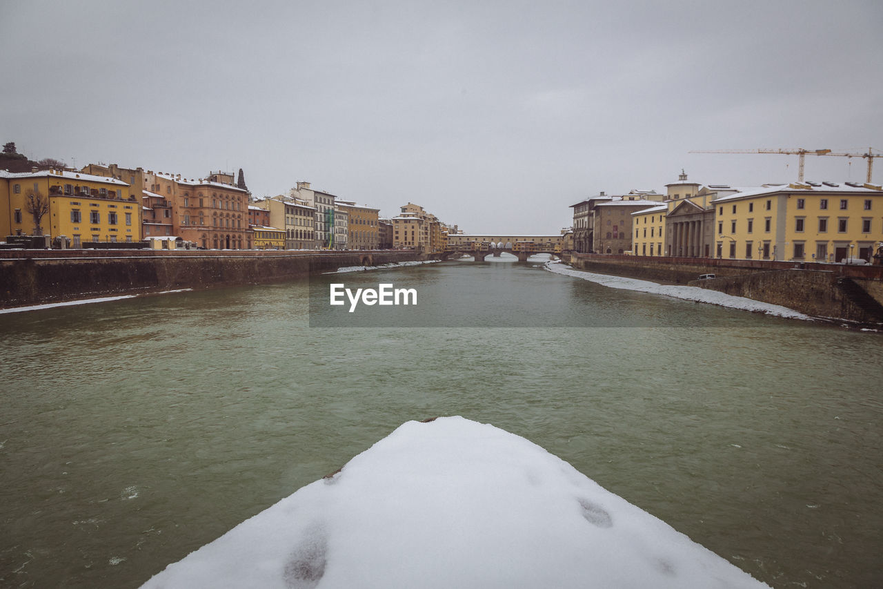 Canal in city against sky