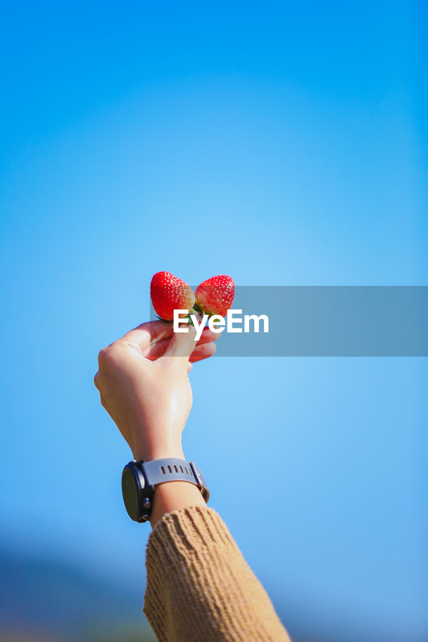 Midsection of man holding strawberry against blue sky