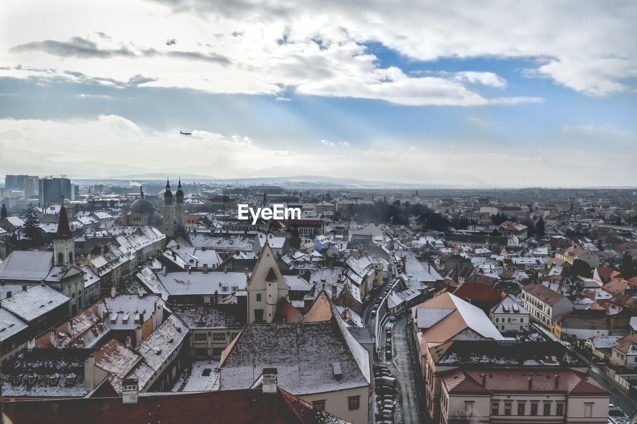 High angle view of townscape against sky