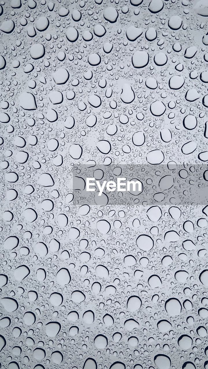 full frame, backgrounds, wet, drop, rain, pattern, no people, water, raindrop, window, glass, close-up, black and white, monochrome, indoors, rainy season, circle, textured, line, transparent, day, nature