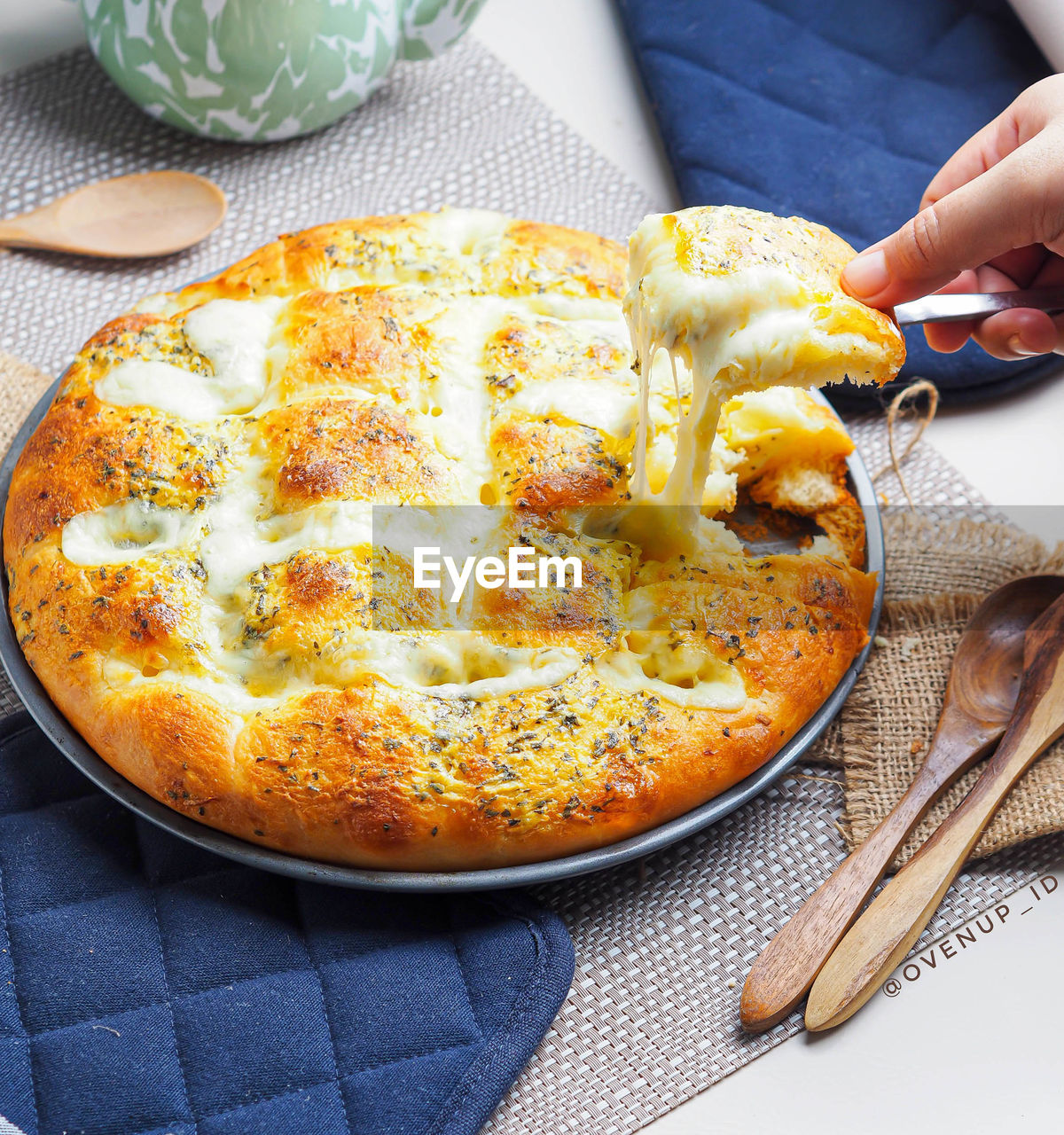 High angle view of mozarella bread on table