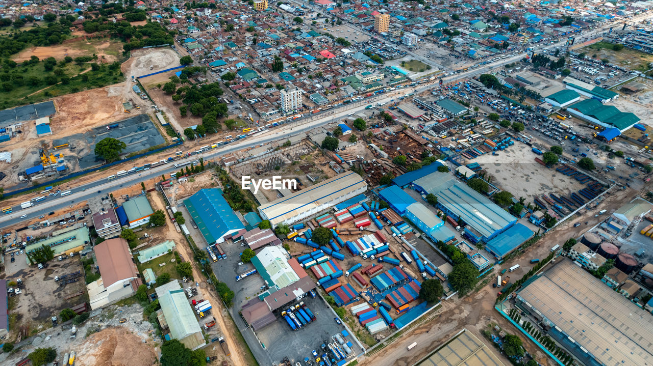 High angle view of buildings in city