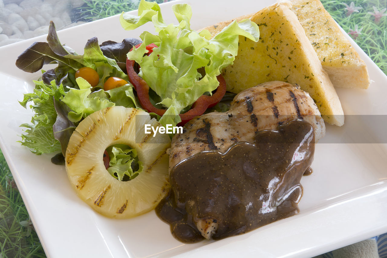 High angle view of food in plate