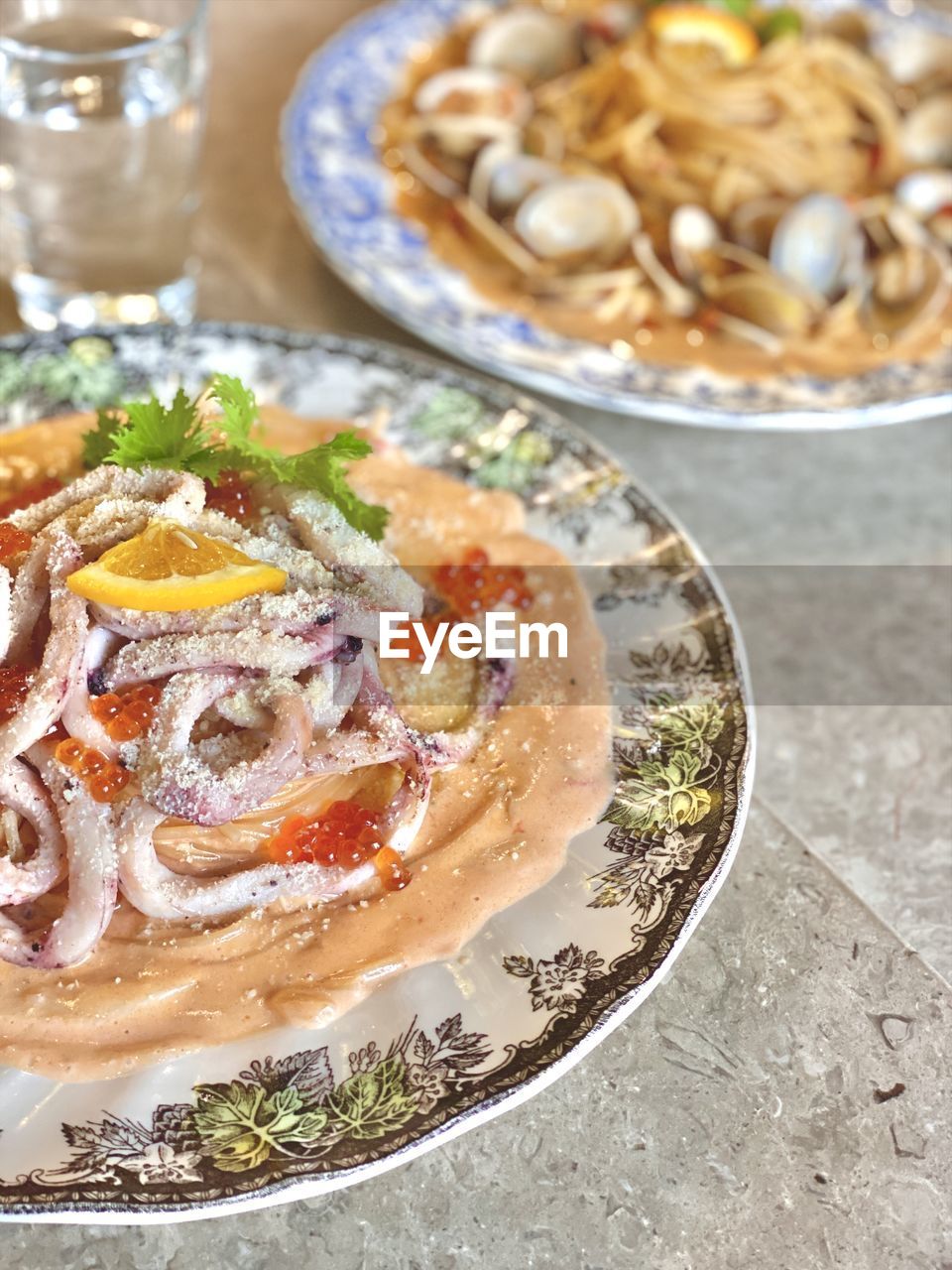 High angle view of pasta served on table