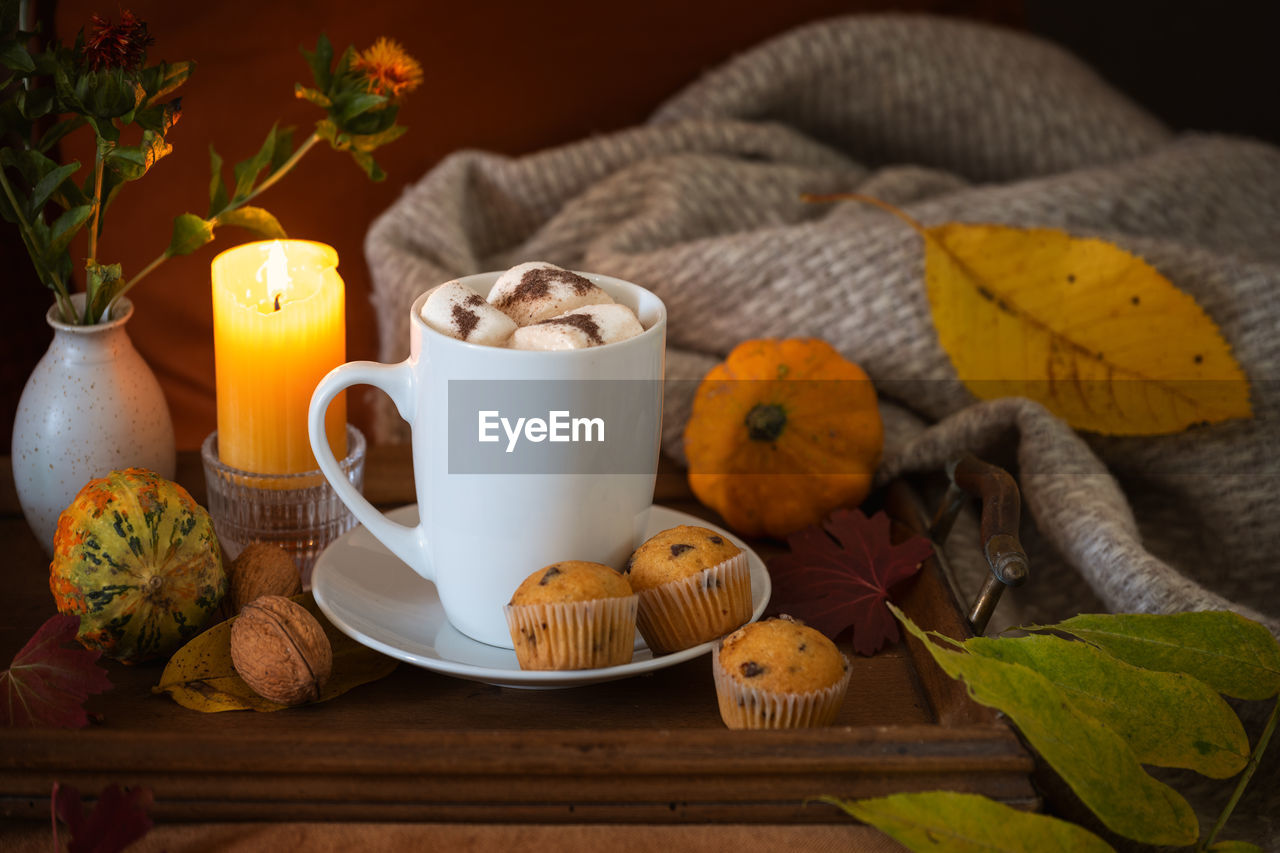 high angle view of coffee and drink on table