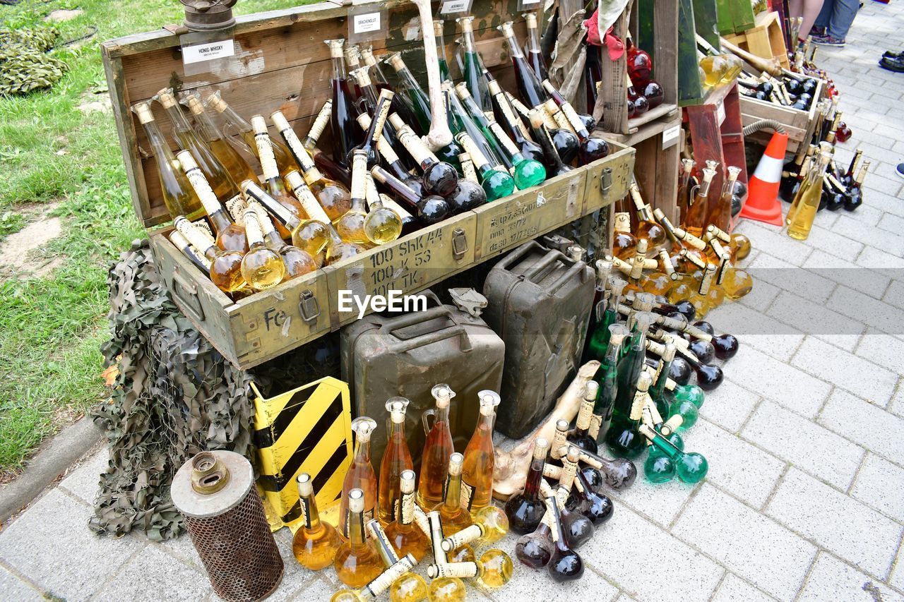 High angle view of flasks on street