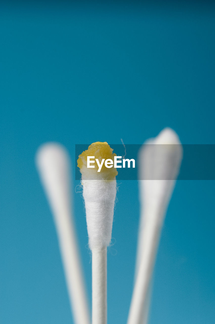 Close-up of cotton swabs against blue background