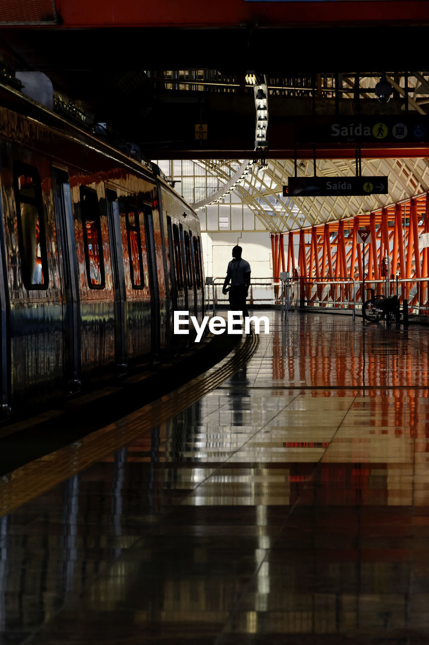 A person looking at the stationary metro.