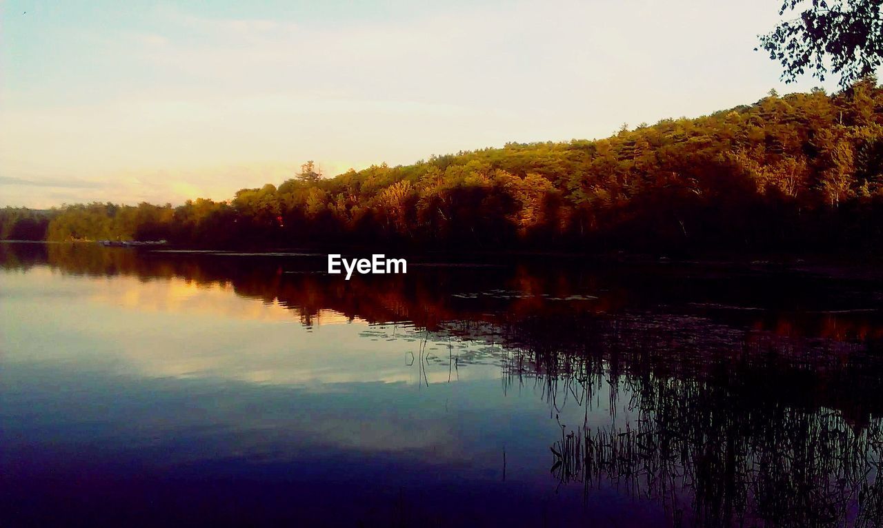 SCENIC VIEW OF CALM LAKE AGAINST SKY