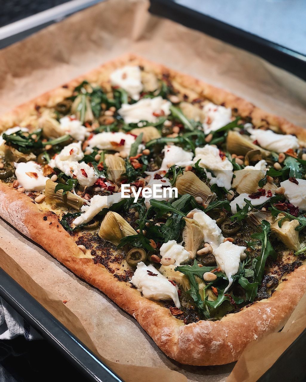 High angle view of pizza on table