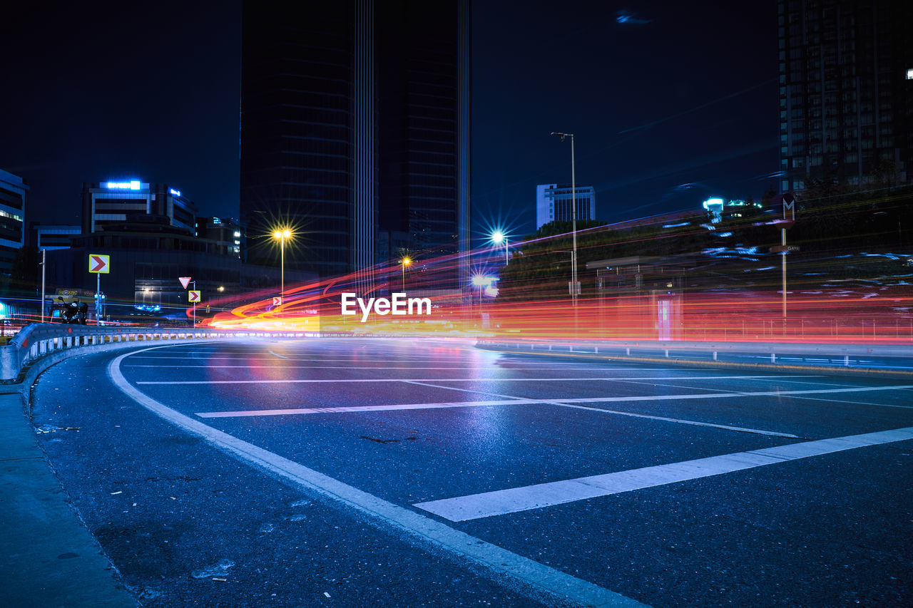 Light trails on road at night