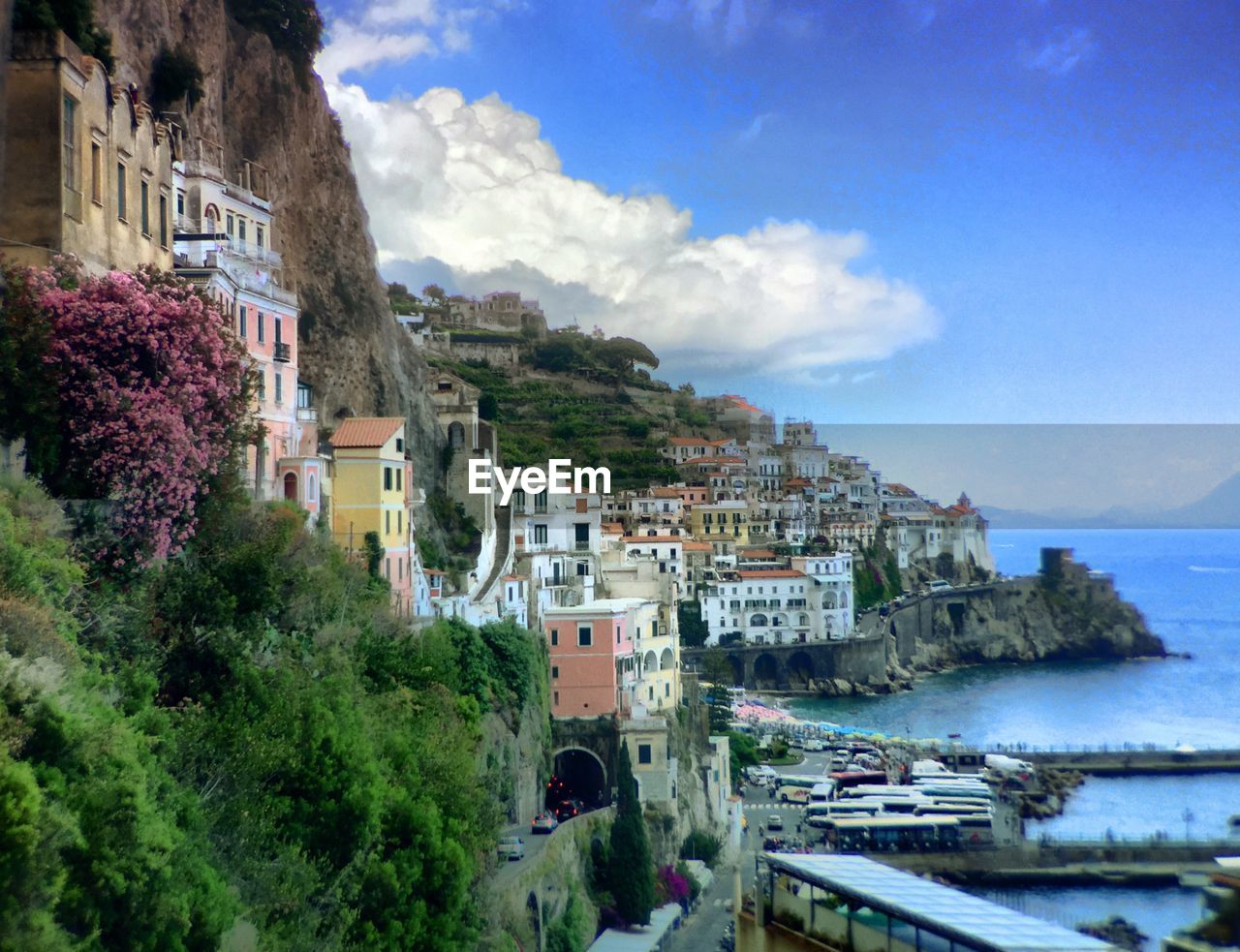 View of townscape by sea