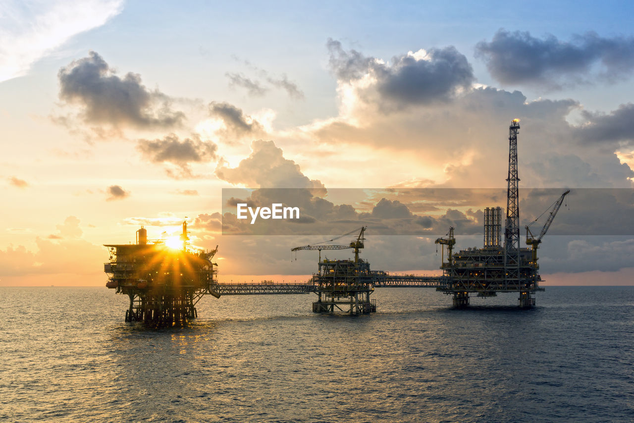 Seascape of oil production platform during golden hour at offshore terengganu oil field