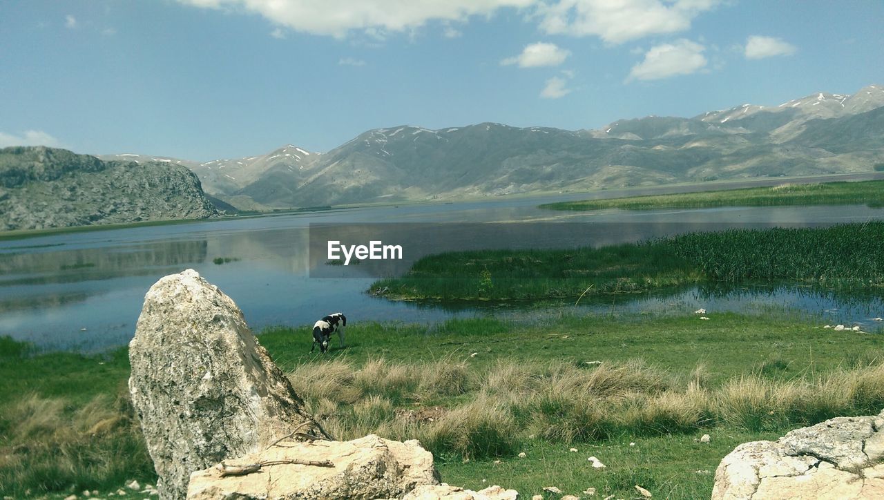 SCENIC VIEW OF LAKE WITH MOUNTAINS IN BACKGROUND