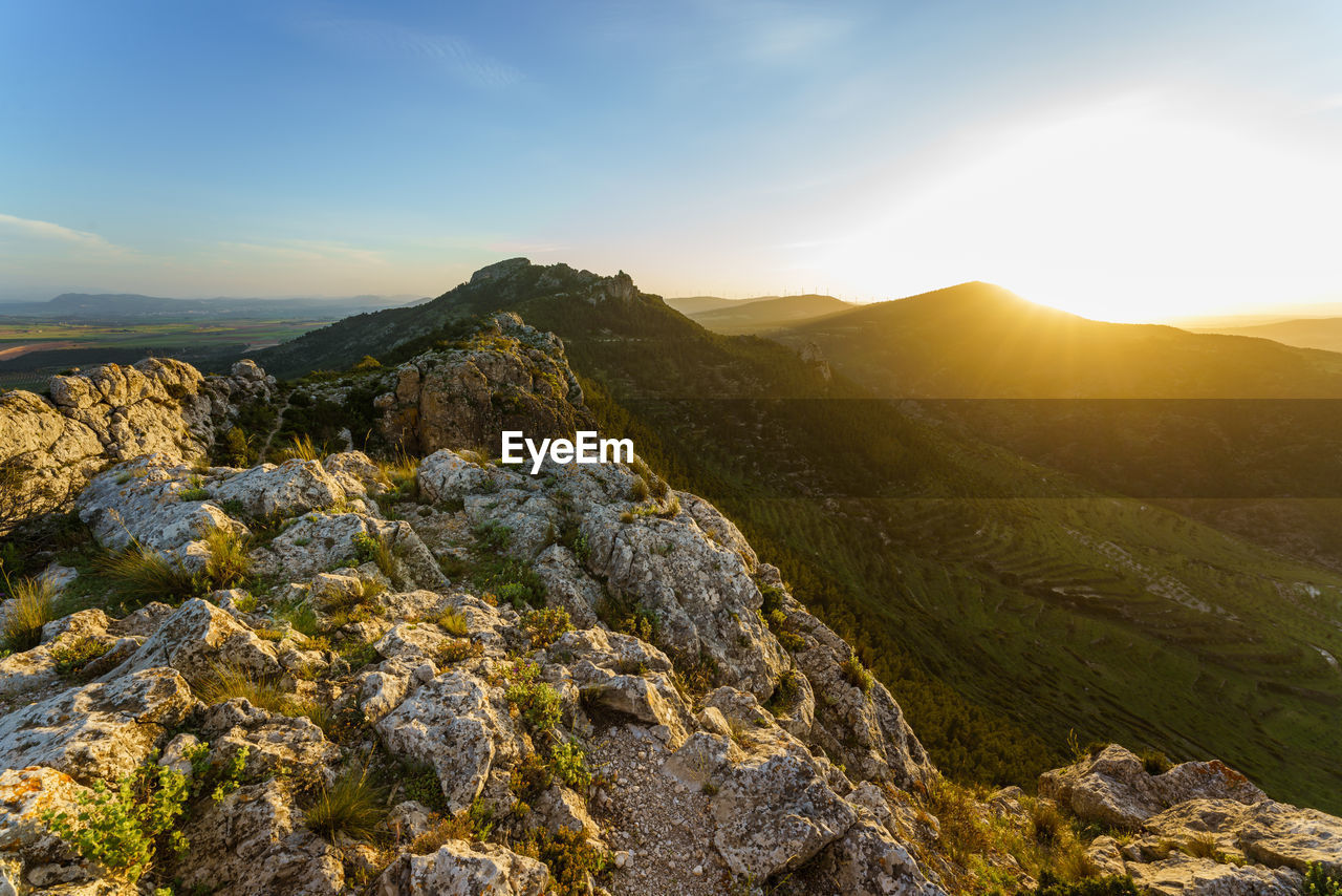 Rocky landscape at golden hour. capurutxo peak in la font de la figuera, valencia, spain