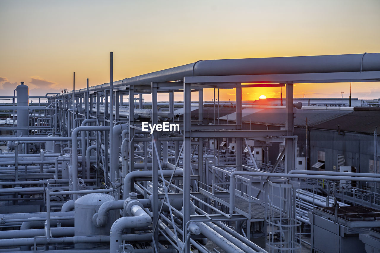 Petrochemical plant against sky during sunset