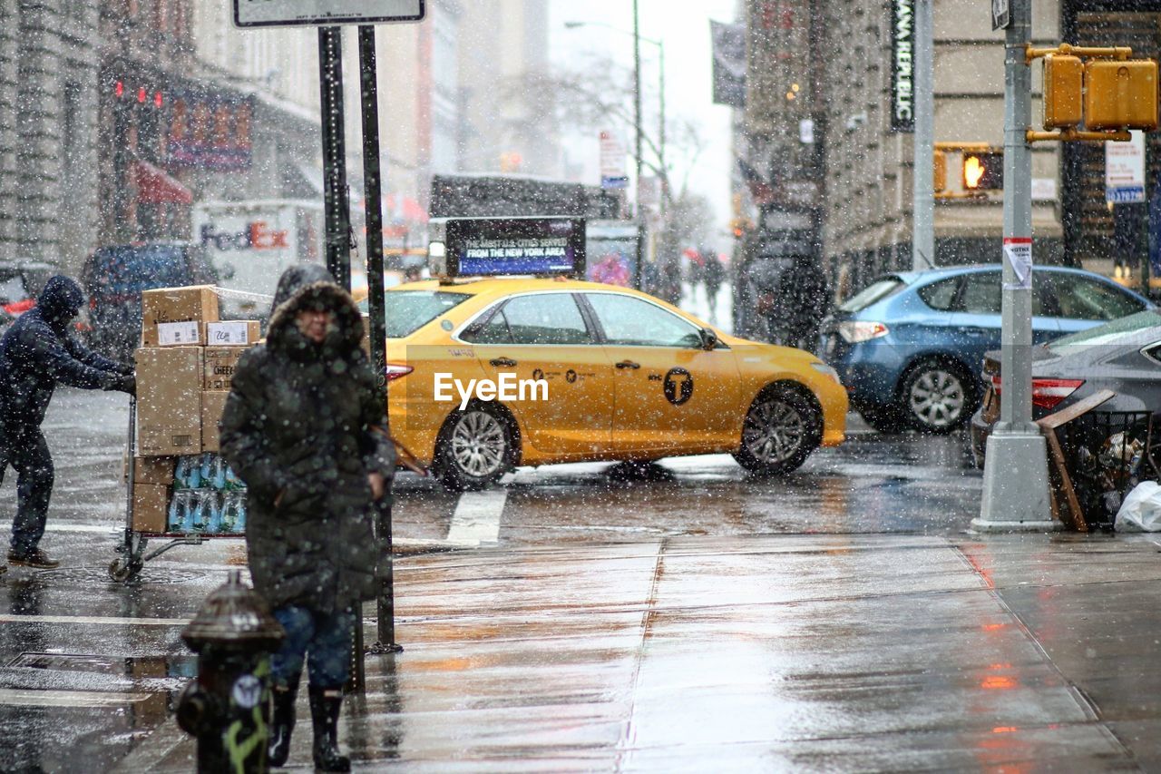 View of city street during rain